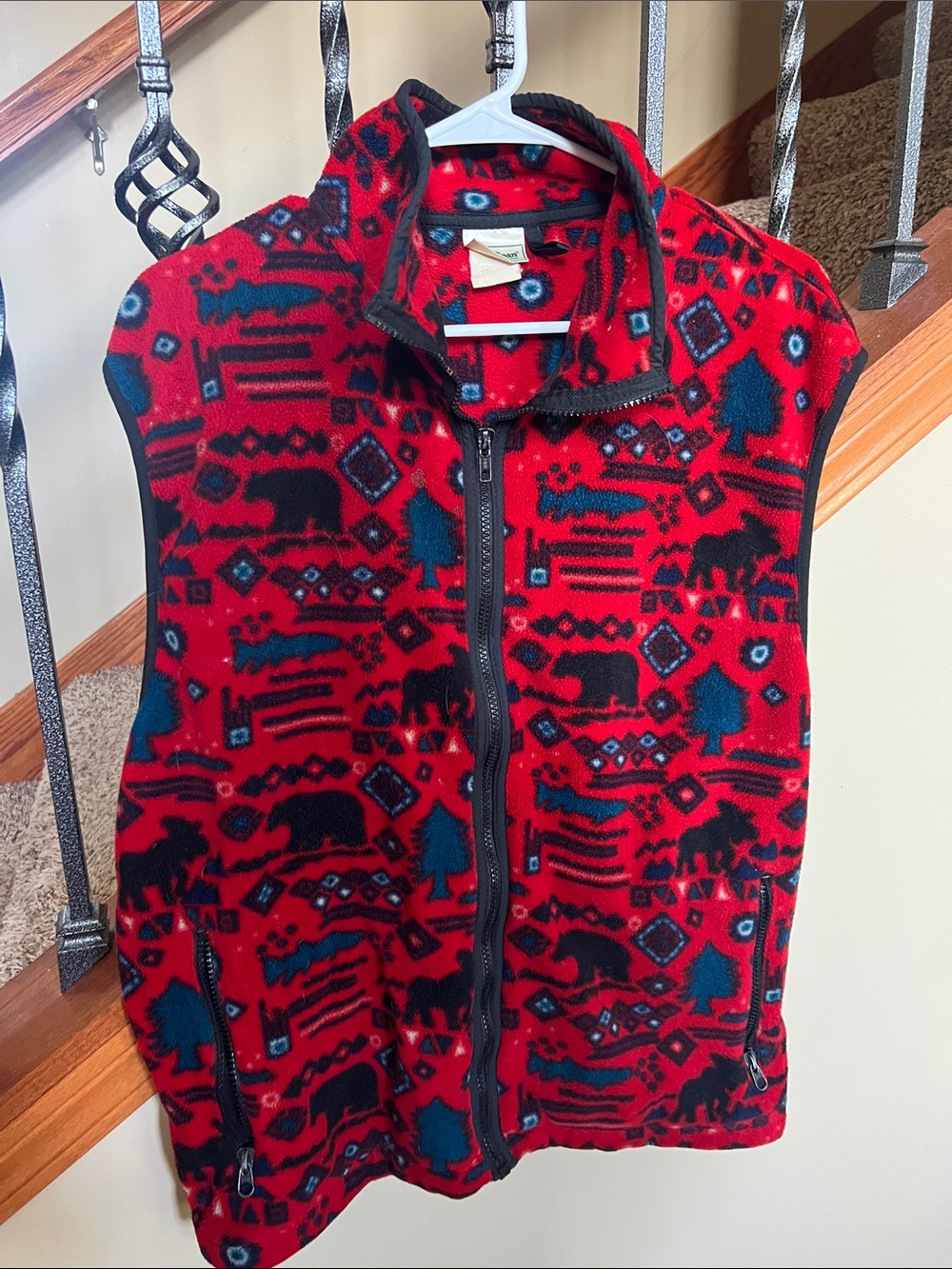 Vintage L.L. Bean Red Fleece Vest with Navy and Black Pattern